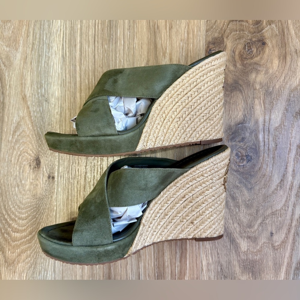Tory Burch Green Suede Espadrille Platform Slide Sandals